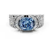 Pave Engagement Ring Setting for Fancy Blue Cushion Cut Center with Curved Accent Rows, Openwork and Prong Head in Sterling Silver