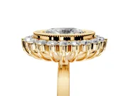 Halo Engagement Ring Setting for Oval Center with Milgrain Bezel Rim, Plain Band and Prong Head in Yellow Gold