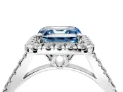 Halo Engagement Ring Setting for Fancy Blue Asscher Cut Center with Raised Halo, Pave Band and Prong Head in Platinum