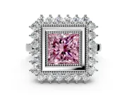 Halo Engagement Ring Setting for Fancy Pink Princess Cut Center with Milgrain Bezel Rim, Plain Band and Prong Head in Platinum