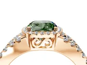 Halo Engagement Ring Setting for Fancy Green Cushion Cut Center with Wide-Open Pave Split Shank and Prong Head in Rose Gold