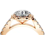 Halo Engagement Ring Setting for Round Cut Center with Full Pave Band and Prong Head in Rose Gold