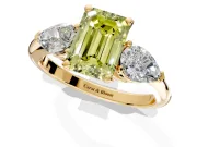 3 Stone Engagement Ring Setting for Fancy Yellow Emerald Cut Center with Large Pear-Shaped Accents and Prong Head in Yellow Gold