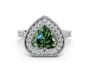 Halo Engagement Ring Setting for Fancy Green Heart-Shaped Center with Milgrain Frame, Pave Band and Prong Head in Sterling Silver