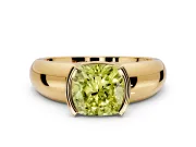 Tension Engagement Ring Setting for Fancy Yellow Cushion Cut Center with Wide Flat Band and Tension Head in Yellow Gold