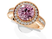 Milgrain Halo Engagement Ring Setting for Fancy Pink Round Cut Center with Pave Band and Prong Head in Rose Gold