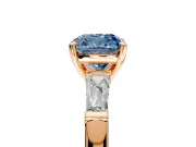 3 Stone Engagement Ring Setting for Fancy Blue Cushion Cut Center with Tapered Baguettes, Plain Band and Prong Head in Rose Gold