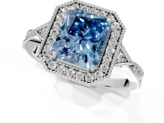 Halo Engagement Ring Setting for Fancy Blue Radiant Cut Center with Milgrain Rim, Pave Band and Prong Head in Sterling Silver
