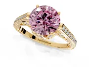 Cathedral Engagement Ring Setting for Fancy Pink Round Cut Center with Antique-Style Pave Band and Prong Head in Yellow Gold