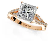 Solitaire Engagement Ring Setting for Princess Cut Center with Twisted Pave Split Shank and Prong Head in Rose Gold
