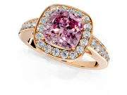 Bezel-Framed Halo Engagement Ring Setting for Fancy Pink Cushion Cut Center with Pave Band and Prong Head in Rose Gold