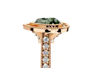 Halo Engagement Ring Setting for Fancy Green Heart-Shaped Center with Milgrain Pave Band and Bezel Head in Rose Gold