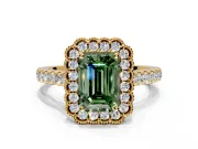 Milgrain Floral Halo Engagement Ring Setting for Fancy Green Emerald Cut Center with Pave Band and Prong Head in Yellow Gold
