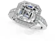 Bezel-Framed Halo Engagement Ring Setting for Asscher Cut Center with Pave Band and Prong Head in White Gold