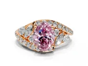 Halo Engagement Ring Setting for Fancy Pink Oval Center with Marquise and Pave Bypass Band and Prong Head in Rose Gold