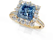 Halo Engagement Ring Setting for Fancy Blue Princess Cut Center with Single-Row Pave, Open Basket and Prong Head in Yellow Gold