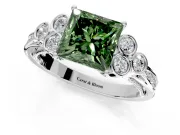 Cluster Engagement Ring Setting for Fancy Green Princess Cut Center with Bezel Accent Clusters and Prong Head in Sterling Silver