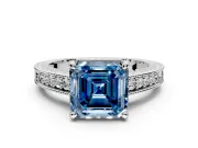 Engraved Engagement Ring Setting for Fancy Blue Asscher Cut Center with Milgrain Pave Band and Prong Head in Platinum