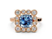 Cluster Halo Engagement Ring Setting for Fancy Blue Cushion Cut Center with Milgrain Bezel Accents and Prong Head in Rose Gold
