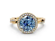 Halo Engagement Ring Setting for Fancy Blue Round Cut Center with Pave and Plain Twist Band and Prong Head in Yellow Gold