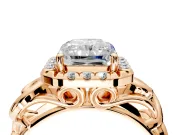 Halo Engagement Ring Setting for Radiant Cut Center with Open Scroll Shoulders and Prong Head in Rose Gold