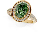 Milgrain Halo Engagement Ring Setting for Fancy Green Oval Center with Three-Sided Pave Band and Prong Head in Yellow Gold