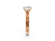 Solitaire Engagement Ring Setting for Radiant Cut Center with Milgrain X Pattern Band and Prong Head in Rose Gold
