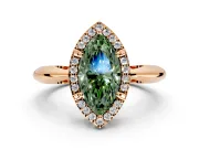 Halo Engagement Ring Setting for Fancy Green Marquise Center with Tapered Plain Band and Prong Head in Rose Gold