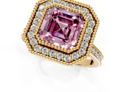 Halo Engagement Ring Setting for Fancy Pink Asscher Cut Center with Milgrain Frame, Pave Band and Prong Head in Yellow Gold