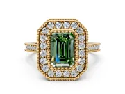 Halo Engagement Ring Setting for Fancy Green Emerald Cut Center with Milgrain Frame, Pave Band and Prong Head in Yellow Gold