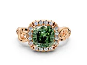 Halo Engagement Ring Setting for Fancy Green Cushion Cut Center with Open Scroll Shoulders and Prong Head in Rose Gold
