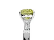 3 Stone Engagement Ring Setting for Fancy Yellow Cushion Cut Center with Tapered Baguettes, Plain Band and Prong Head in Platinum