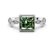 Vintage Station Engagement Ring Setting for Fancy Green Princess Cut Center with Accents and Prong Head in Sterling Silver