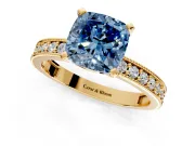 Milgrain Pave Engagement Ring Setting for Fancy Blue Cushion Cut Center with Accent Band and Prong Head in Yellow Gold