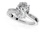 Solitaire Engagement Ring Setting for Oval Center with Engraved Milgrain Band and Prong Head in Platinum