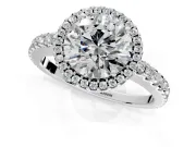 Accent Halo Engagement Ring Setting for Round Cut Center with Full-Length Pave Band and Prong Head in Platinum