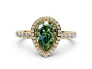 Halo Engagement Ring Setting for Fancy Green Pear-Shaped Center with Inner Milgrain Border and Prong Head in Yellow Gold