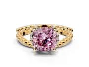 Halo Engagement Ring Setting for Fancy Pink Cushion Cut Center with Rope Twist Split Shank and Prong Head in Yellow Gold