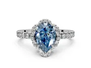 Halo Engagement Ring Setting for Fancy Blue Pear-Shaped Center with Openwork Halo, Pave Band and Prong Head in Platinum