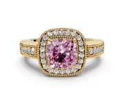 Milgrain Halo Engagement Ring Setting for Fancy Pink Cushion Cut Center with Pave Band and Prong Head in Yellow Gold