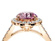 Halo Engagement Ring Setting for Fancy Pink Round Cut Center with Raised Halo, Pave Band and Prong Head in Rose Gold
