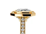 Halo Engagement Ring Setting for Asscher Cut Center with Milgrain Pave Band and Bezel Head in Yellow Gold
