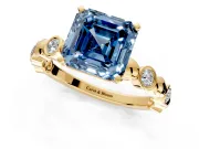 Solitaire Engagement Ring Setting for Fancy Blue Asscher Cut Center with Beaded Bezel Station Band and Prong Head in Yellow Gold