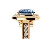 Halo Engagement Ring Setting for Fancy Blue Emerald Cut Center with Outer Bezel Rim, Pave Band and Prong Head in Yellow Gold