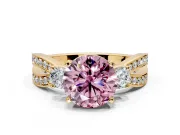 3 Stone Engagement Ring Setting for Fancy Pink Round Cut Center with Pave Twist Band and Prong Head in Yellow Gold
