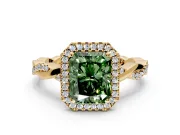 Halo Engagement Ring Setting for Fancy Green Radiant Cut Center with Pave and Plain Twist Band and Prong Head in Yellow Gold