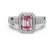 Halo Engagement Ring Setting for Fancy Pink Emerald Cut Center with Wide Band, Inlaid Accent Row and Prong Head in Platinum