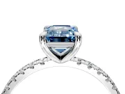 Solitaire Engagement Ring Setting for Fancy Blue Emerald Cut Center with Fine Pave Narrow Band and Prong Head in White Gold