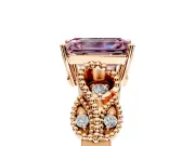 Leaf Engagement Ring Setting for Fancy Pink Emerald Cut Center with Milgrain Accent Band and Prong Head in Rose Gold