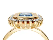 Halo Engagement Ring Setting for Fancy Blue Emerald Cut Center with Milgrain Bezel Rim, Plain Band and Prong Head in Yellow Gold